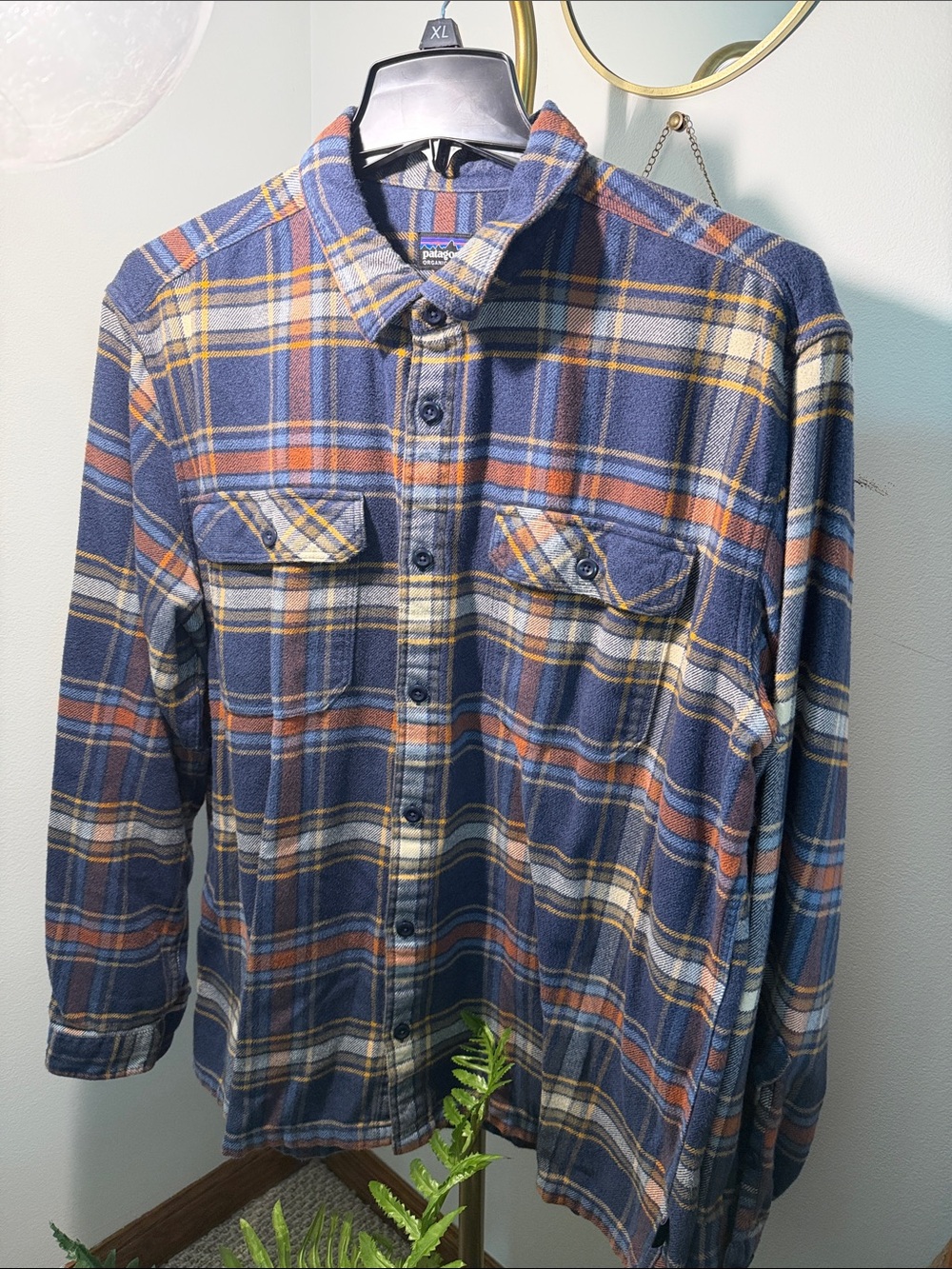Patagonia Blue Plaid Button-Up Shirt with Orange and Cream Stripes